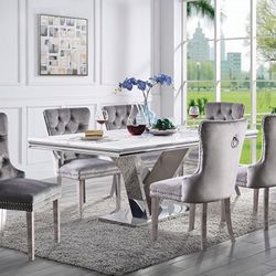 GLAM CHROME FINISH STONE TOP 7 PIECE DINING TABLE SET | COMEDOR MESA SILLAS