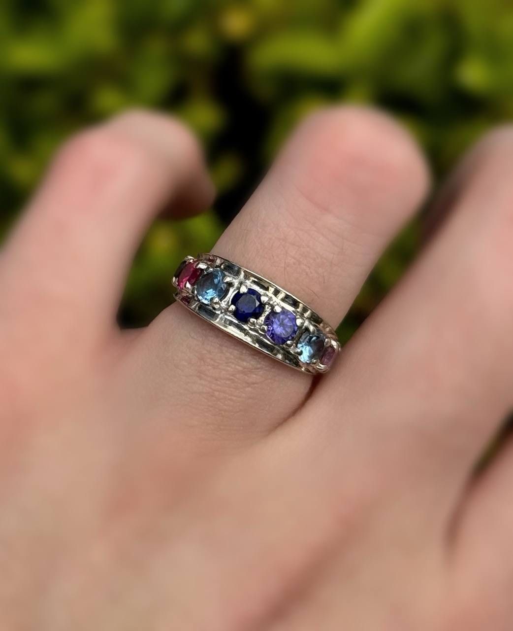 Jewelry 14k solid white gold rose quartz ruby sapphire purpurite cobalt aquamarine 0.40CTW ring sz 7.50