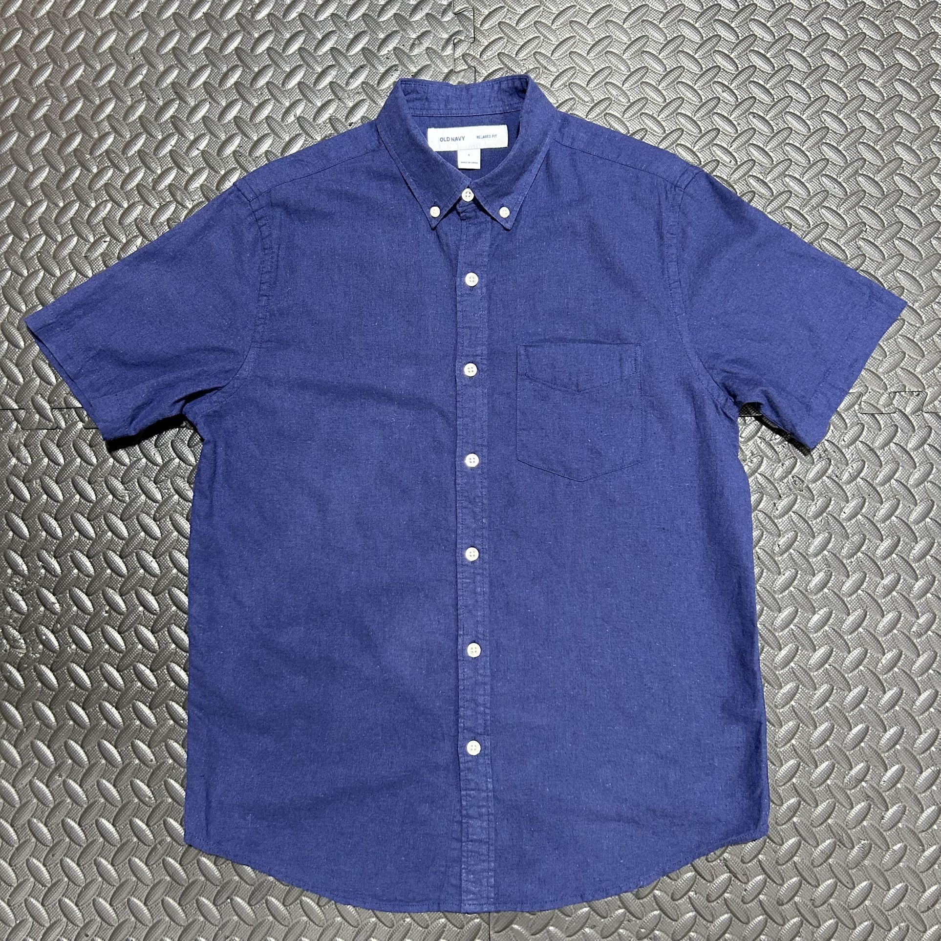 Old Navy Button Down Shirt Navy Blue Short Sleeve Relaxed Fit Linen Mens Small