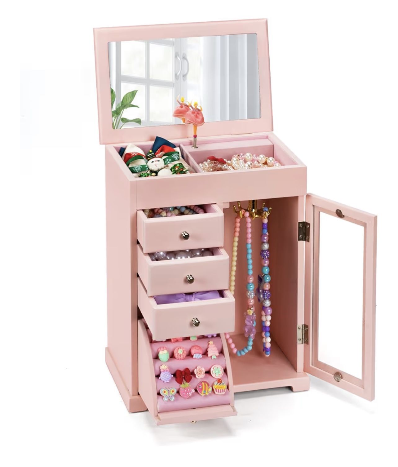Musical Jewelry Box for Girls, Kids Jewelry Box with Spinning Dancer, 5 Layer Large Wooden Music Jewelry Boxes