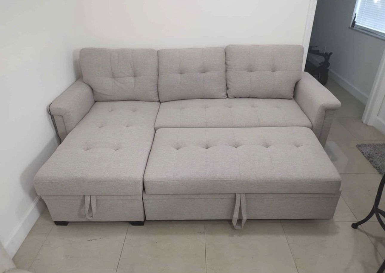 Light Grey Linen Sofa Sectional Sleeper With Storage 