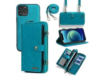Teal Leather Wallet Phone Case with Crossbody Strap