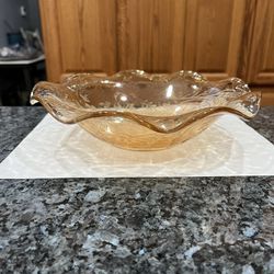 Vintage Light Marigold Iridescent Carnival Glass Candy Dish.  Size 9 1/2 inches Wide .  Preowned 