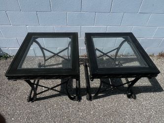 Pair of Black Metal Glass Top End Tables