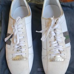 Authentic Men's GUCCI White Gold Green Leather Cream Suede Casual Sneaker 10 G