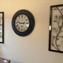Wall Clock and Floral Metal Art Set