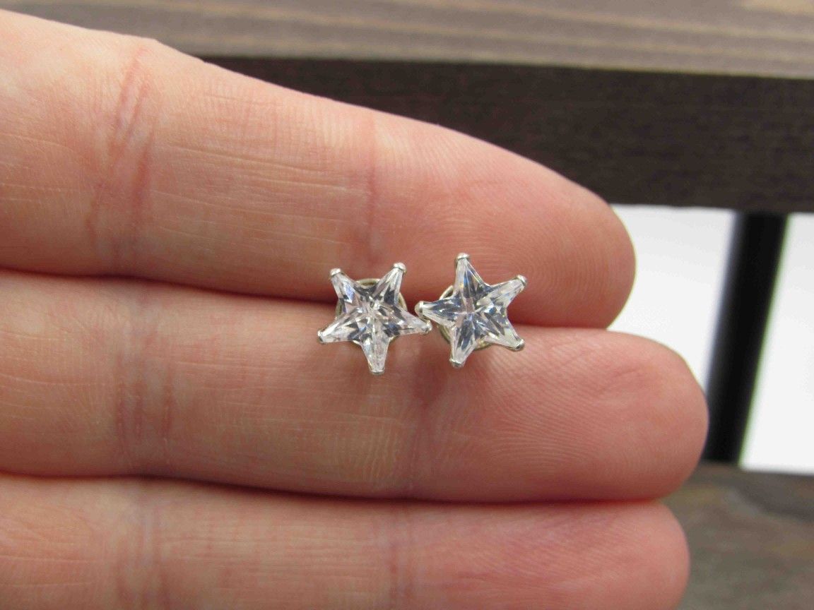 Sterling Silver Unique Star CZ Diamond Stud Earrings Vintage Wedding Engagement Anniversary Beautiful Everyday Minimalist Cute Sexy