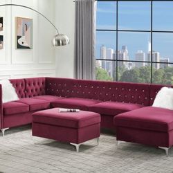 Brand New Burgundy Velvet Glam Sectional With Crystal Tufting 