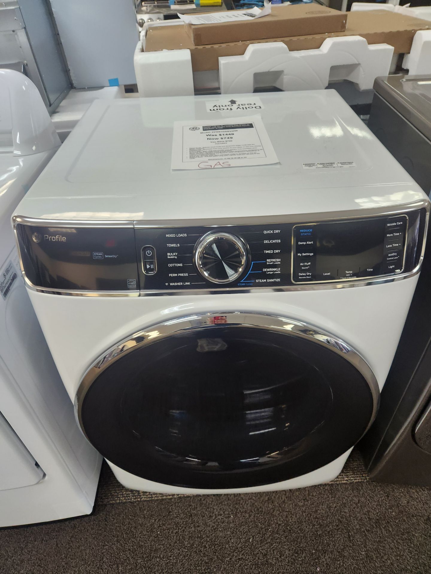 Profile 7.8 cu. ft. vented Gas Dryer in White with Steam and Sanitize Cycle, ENERGY STAR