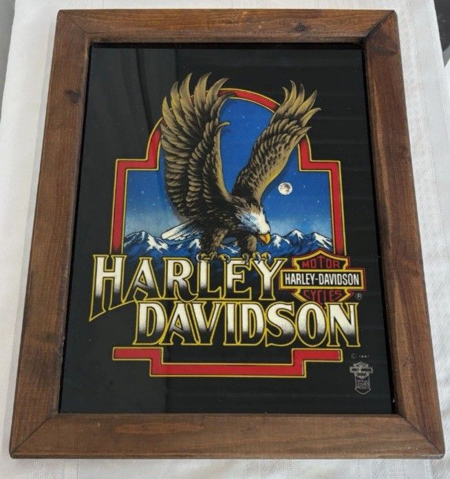1987 Harley Davidson Glass Wood Framed Sign