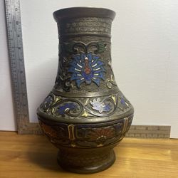 The item is a 19th-century bronze Champlevé and Cloisonné vase, likely of Japanese or Chinese origin.