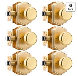 6 Pack Satin Brass Door Knobs with Camelot Trim, Heavy Duty Door Knob with Lock,Interior Door Handles for Bedroom & Bath
