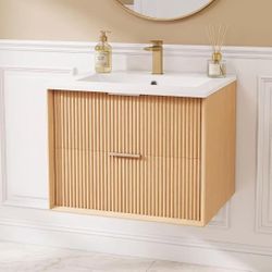 24-inch wall-mounted bathroom vanity with sink, hanging cabinet + basin, natural wood color