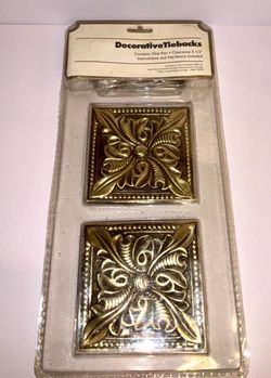 Solid Brass Curtain Tiebacks Pair Ornate Square Holdbacks, Made in India