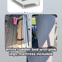 White Wooden Toddler Bed - Pink Legs