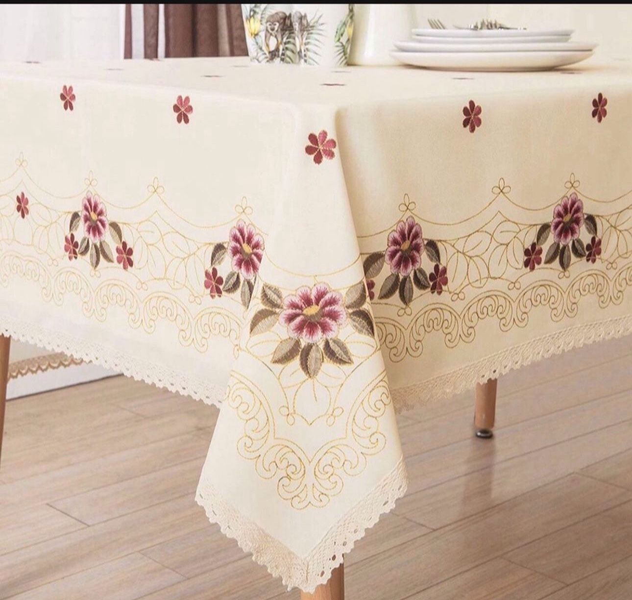 Decorative Red Floral Print Lace Water Resistant Tablecloth Wrinkle Free and Stain Resistant Fabric Tablecloths for Kitchen Room 60 Inch by 84 Inch