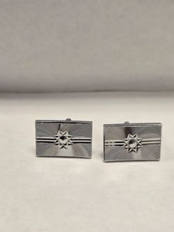 Vintage Mid Century Modernist Rectangular Silvertone Cufflinks Sunburst Pattern