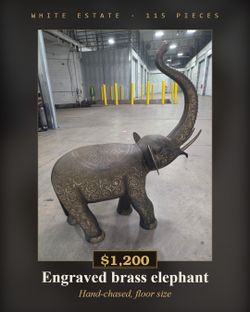 Large Hand-Engraved Brass Elephant - Floor Size, Trunk Up
