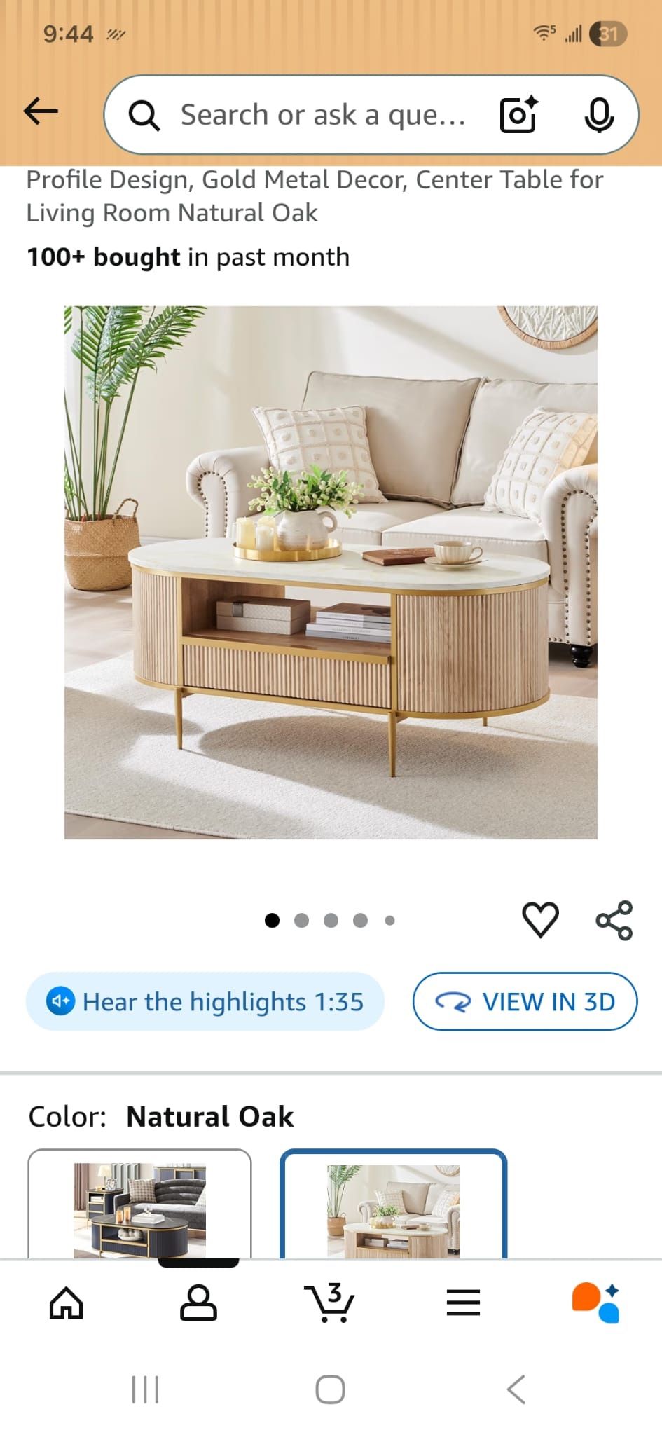 OKD Modern Luxury Fluted Coffee Table, 48" Oval Coffee Table with Drawer, Faux Marble Top, Curved Profile Design, Gold Met