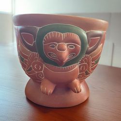 Vintage Handmade 3D Clay Pottery Planter Multicolor Folk Art Design