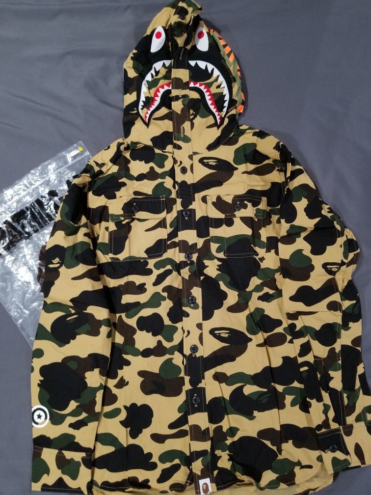 BAPE 1ST Camo Shark Button Up Shirt with Hoodie Yellow