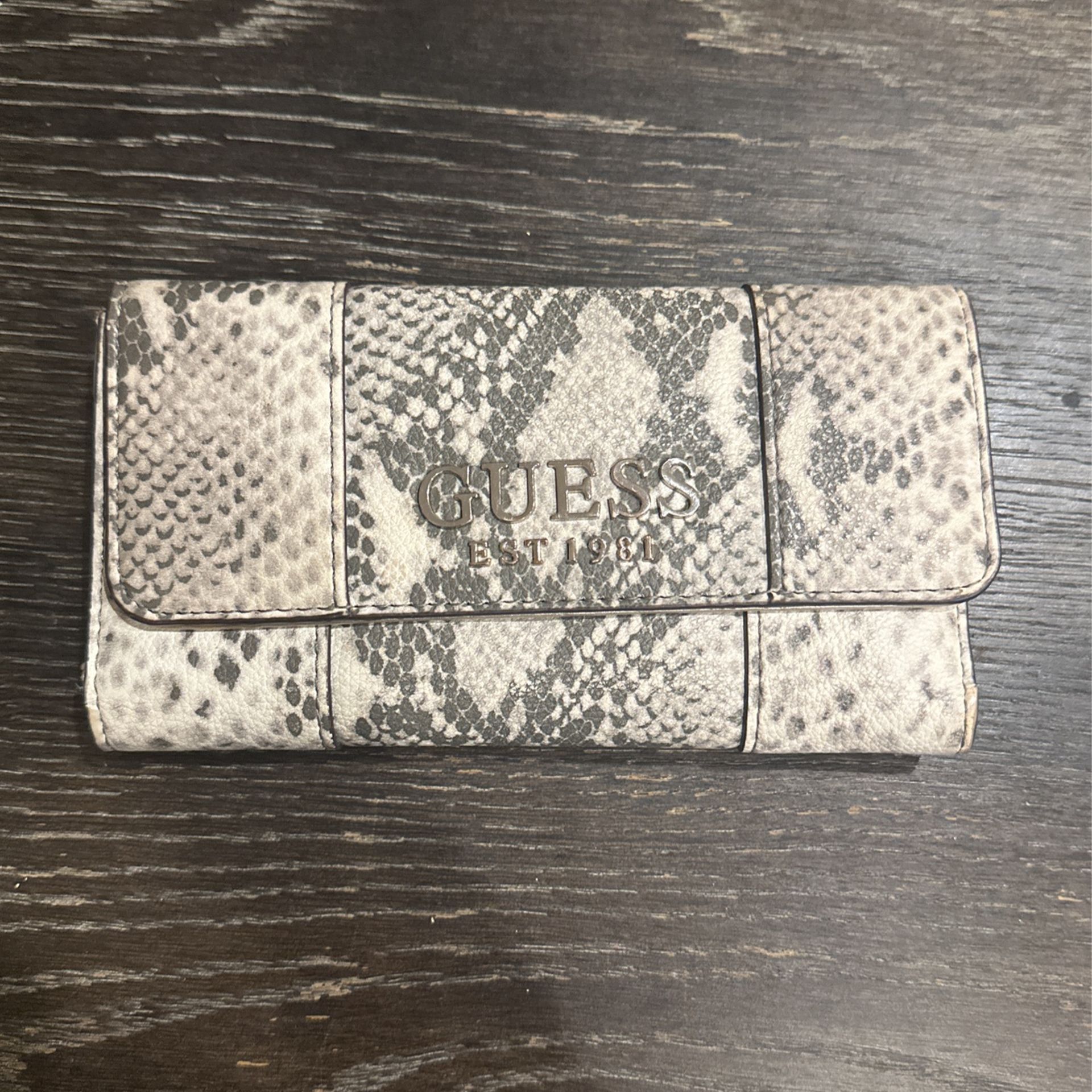 Guess wallet, snakeskin, gray, and white