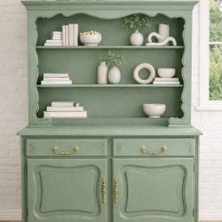 Refinished Sage Green French Provincial Hutch / Buffet Cabinet – Antique Gold Hardware 