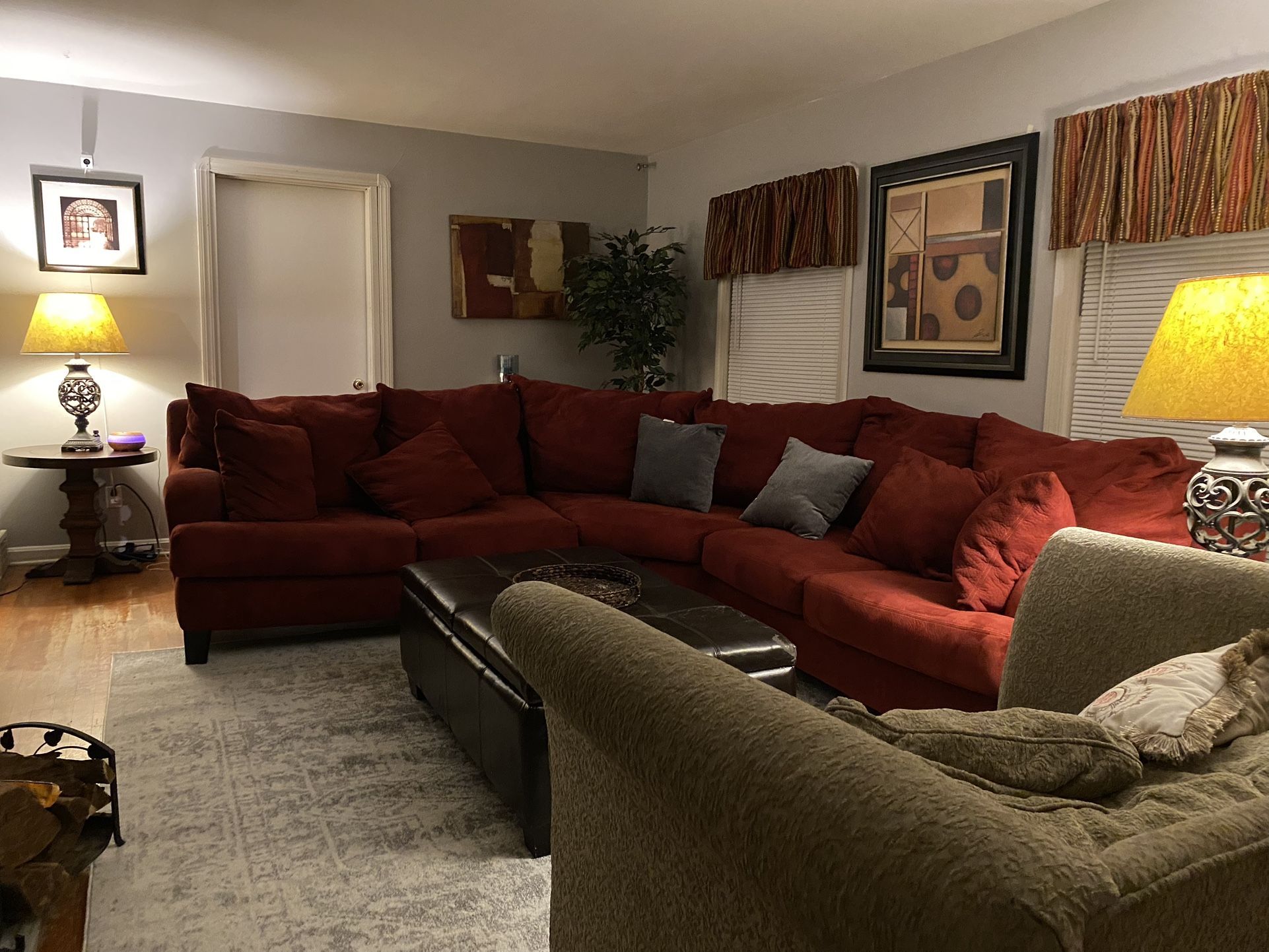 Red Sectional and Arhaus Chair
