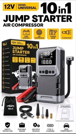 Jump Starter with Air Compressor, 6000A 150PSI Tire Inflator
Battery Jumper Starter Portable (10.0 Gas/8.0L Diesel) 12V Jump Box with Jumper Cables, L
