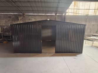 New Outdoor Storage Shed Has Two Functions:Metal Shed And Firewood Shed 14 ft x 12 ft, More Suitable For Winter , Grey