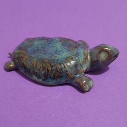 RARE Turtle Figurine Hand Carved Painted Glazed Clay Marked Artist 3" Brown Blue