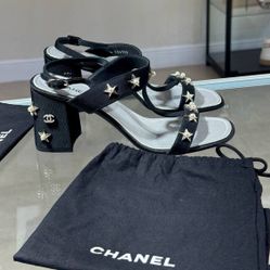 NEW Chanel Black Fabric Leather Pearl Block Heel Star Sandals Shoes - 39