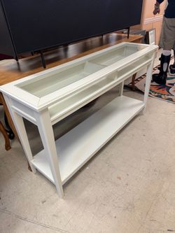 White Console Table with Glass Top and Shelf