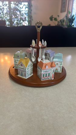 Vintage Lenox village condiment, jars, matching spoons and caddy