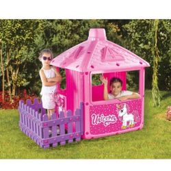 City Playhouse with Fence - Unicorn, Pink - Indoor & Outdoor Use, 53" High, Durable Waterproof Plastic, New in Box