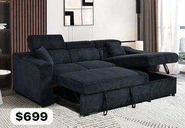 Black Corduroy Sectional Sleeper Sofa with Storage Chaise