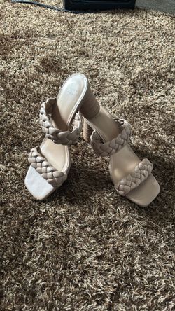 Tan Backless Square Open Toe Basil Mule Block Cone Heels
