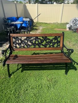 Outdoor Cast Iron Garden Bench with Cast Iron Rose Detail