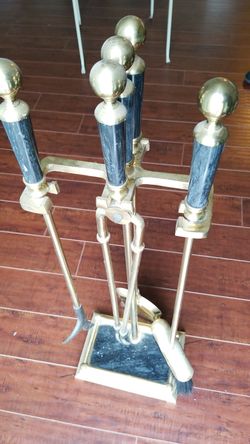Vintage metal fireplace tool set stand black marble handles and base