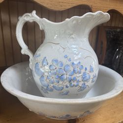Antique Wheeling Pottery Pitcher & Bowl