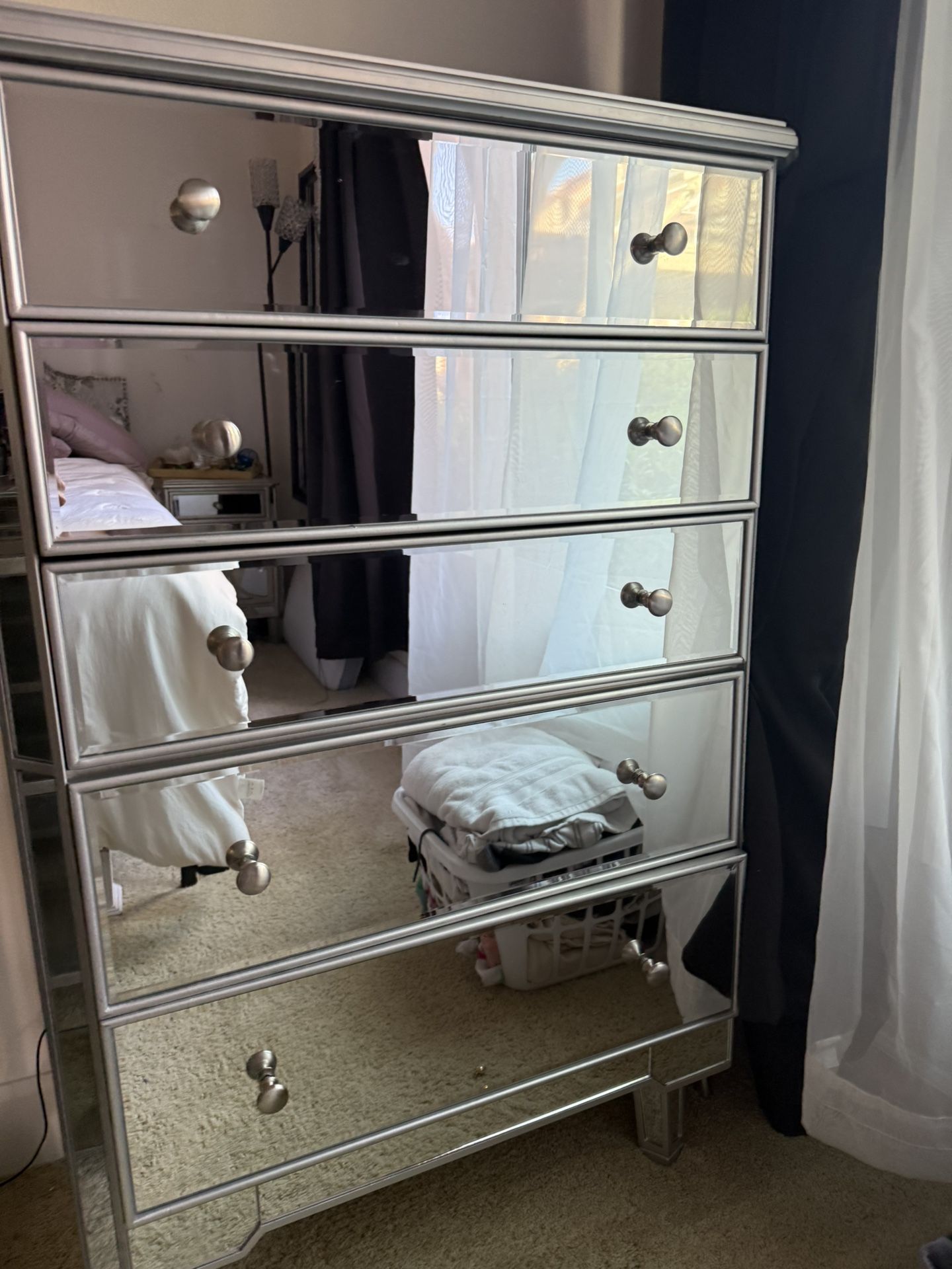 Tall Five Drawer Mirrored Dresser. Silver Finish.