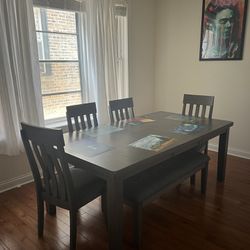 dining room table, kitchen table with 4 chairs and bench