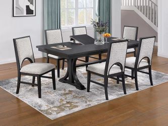 D8ining set 7pc Charcoal Rubberwood, White fabric, New Especial price 