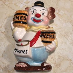 1968, 6.5” DIMES, NICKELS, PENNIES CLOWN COIN BANK