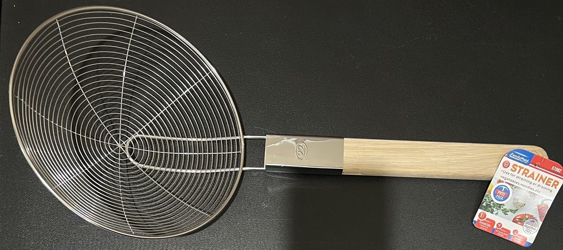 Strainer 8.5" D X 20.47" L wood and metal handle