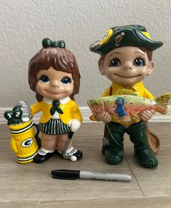 Green Bay Packers Vintage 1970s Era Big Eyed Smiley Boy Fishing Golfing Hat Classic Antique Atlantic Mold Co. Ceramic Sculpture Figure Figurine