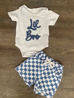 Boys white and blue little bro shirt and shorts size 6/12 months #8