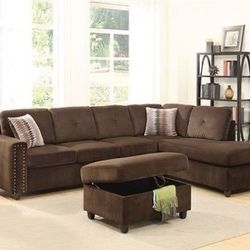 Brand New Reversible Chocolate Velvet Sectional