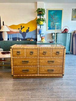 Dresser / 6 Drawers / Drexel Wood & Rattan Lowboy