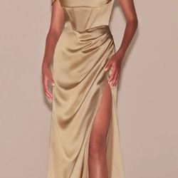 MABEL GOWN - CHAMPAGNE - LUXE SATIN OFF THE SHOULDER CORSET GOWN